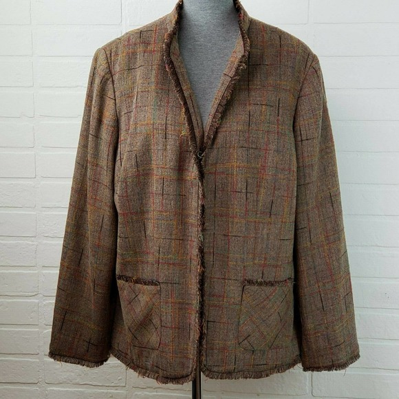 Sag Harbor Woman Tweed Blazer Women's Size 18W Brown Plaid Fringe Detailing - Picture 1 of 10